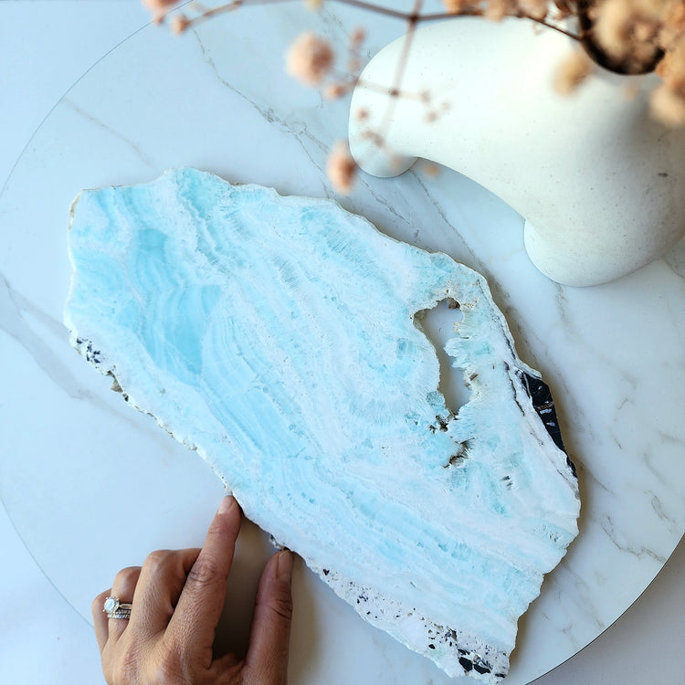 Blue Aragonite Crystal XL Slab Slice on Stand 2