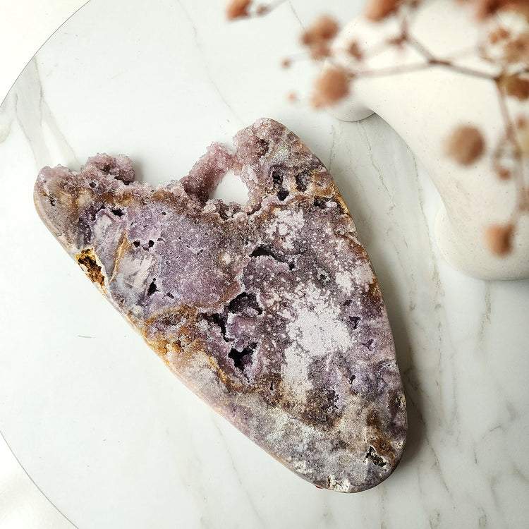 Pink Amethyst Crystal Slab on stand with Druzy Clusters Large