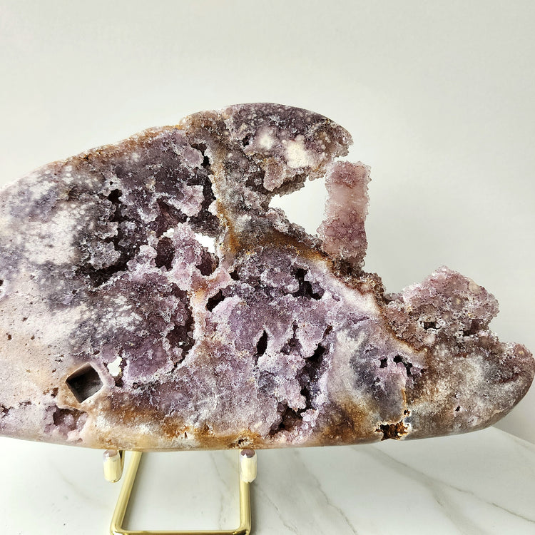 Pink Amethyst Crystal Slab on stand with Druzy Clusters Large