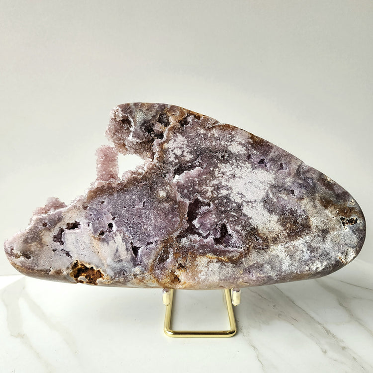 Pink Amethyst Crystal Slab on stand with Druzy Clusters Large