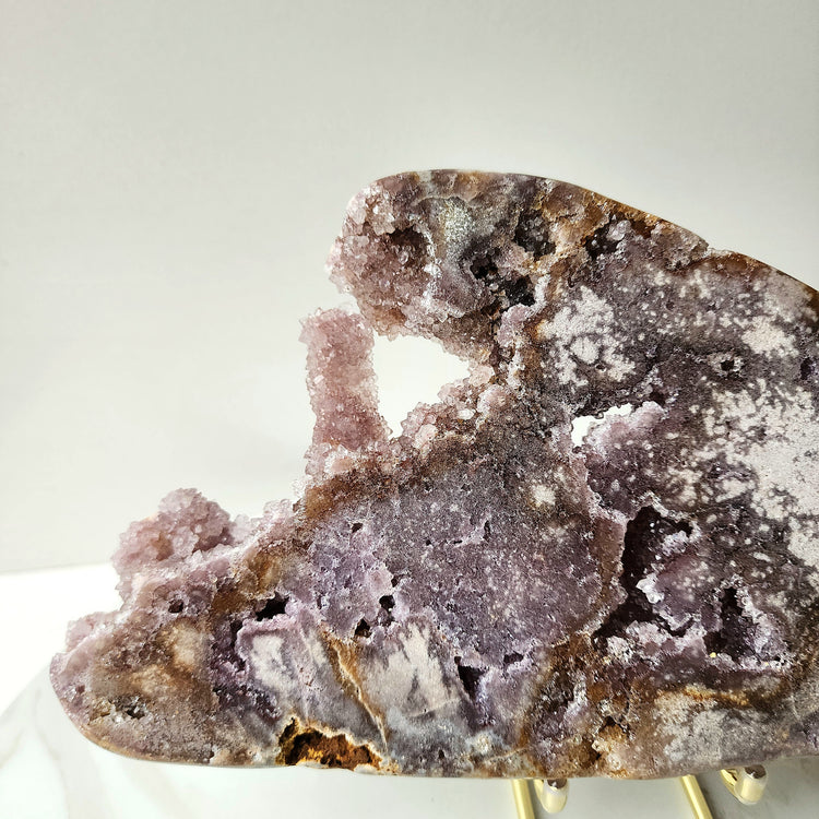 Pink Amethyst Crystal Slab on stand with Druzy Clusters Large