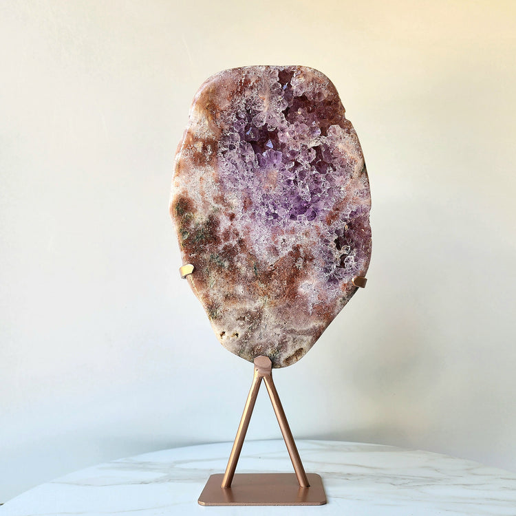 Pink Amethyst Crystal Slab Slice with Cluster on stand AAA