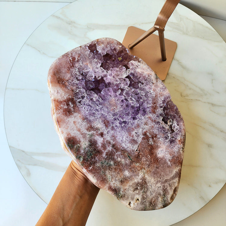 Pink Amethyst Crystal Slab Slice with Cluster on stand AAA