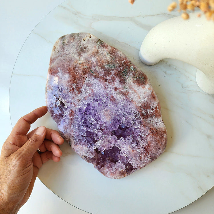 Pink Amethyst Crystal Slab Slice with Cluster on stand AAA