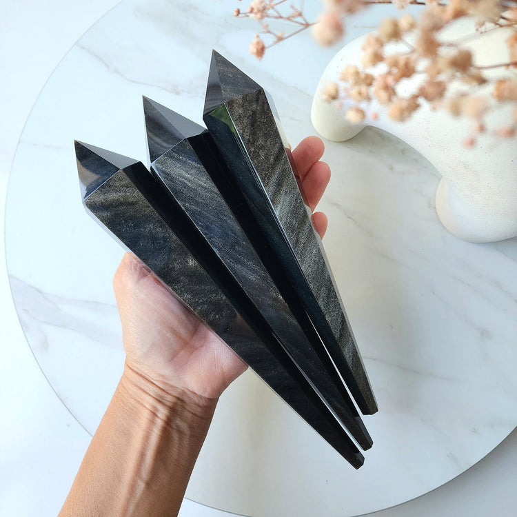 Black Obsidian Crystal Gold Sheen Wand on stand