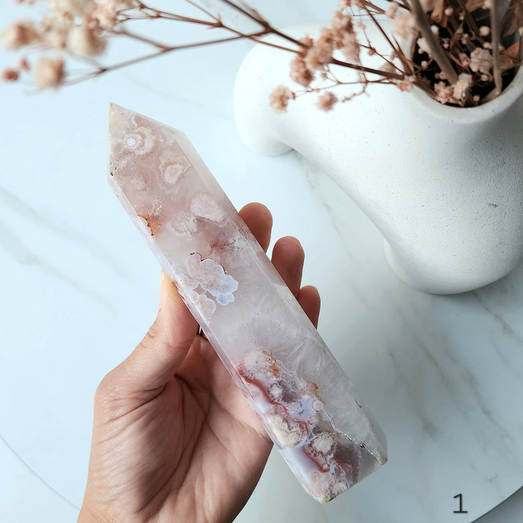 Rare Pink Amethyst Crystal with Cherry Blossom Flower Agate Obelisk Tower