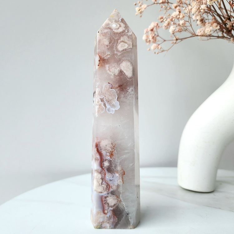 Rare Pink Amethyst Crystal with Cherry Blossom Flower Agate Obelisk Tower