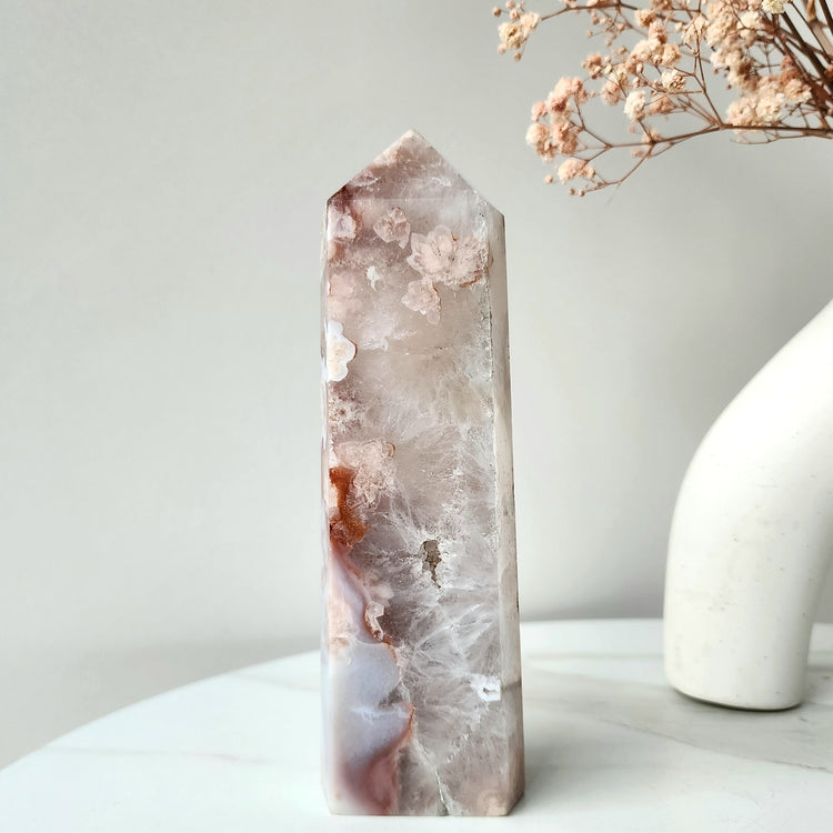 Rare Pink Amethyst Crystal with Cherry Blossom Flower Agate Obelisk Tower