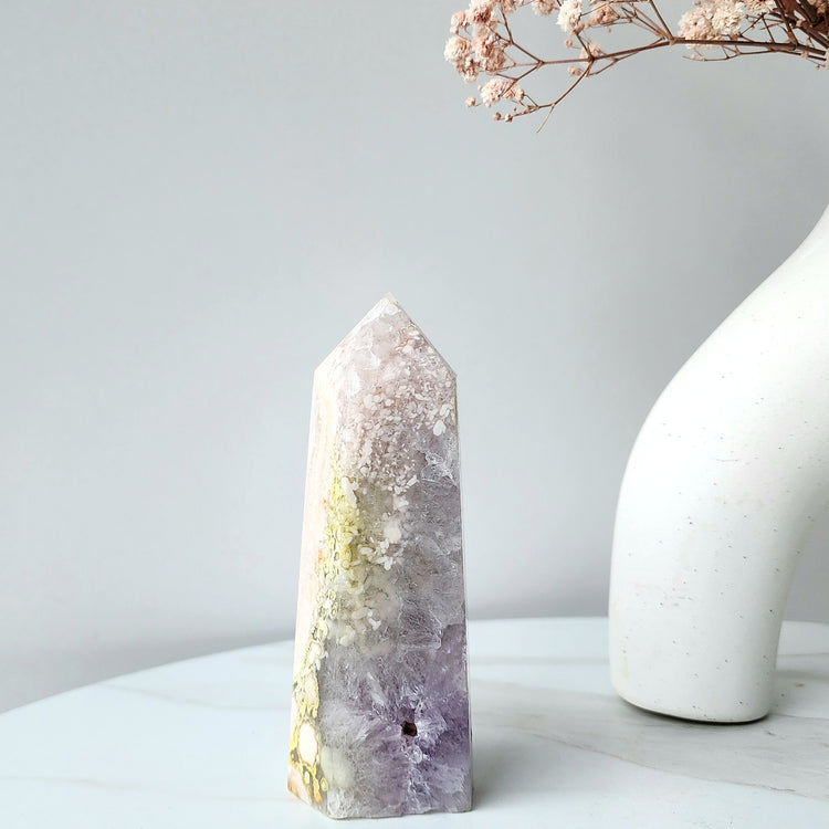 Rare Pink Amethyst Crystal with Cherry Blossom Flower Agate Obelisk Tower