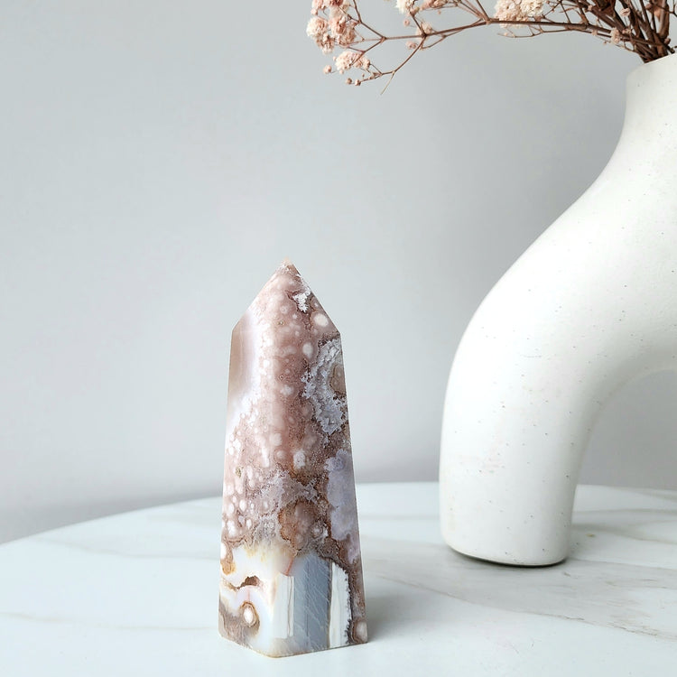 Rare Pink Amethyst Crystal with Cherry Blossom Flower Agate Obelisk Tower