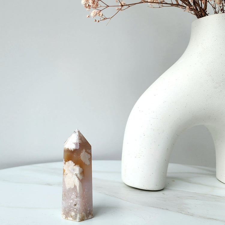 Rare Pink Amethyst Crystal with Cherry Blossom Flower Agate Obelisk Tower