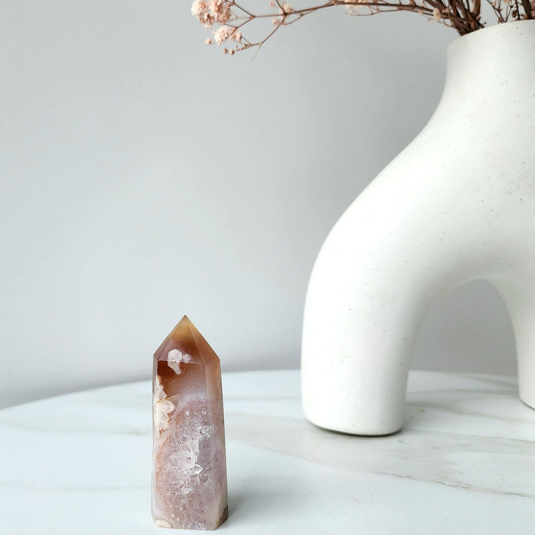 Rare Pink Amethyst Crystal with Cherry Blossom Flower Agate Obelisk Tower