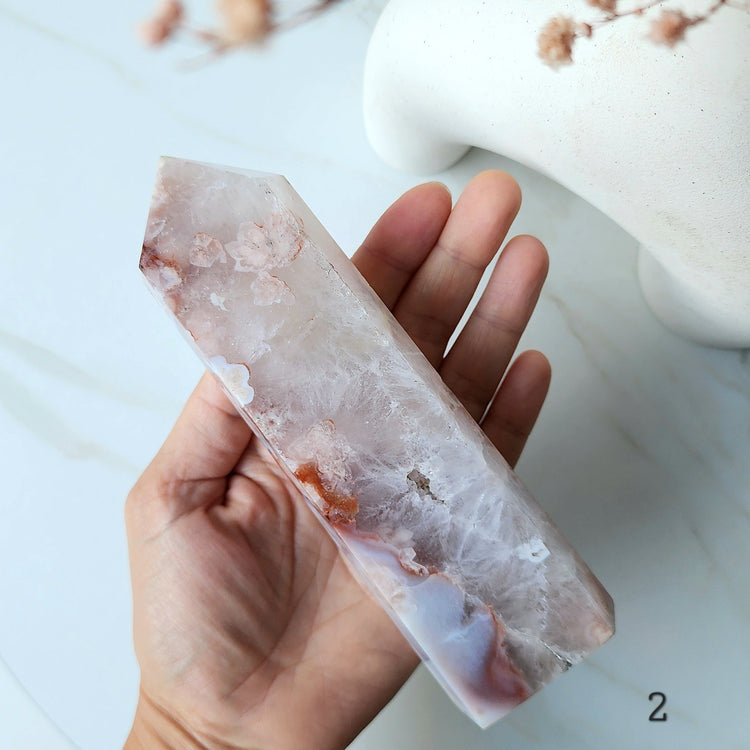 Rare Pink Amethyst Crystal with Cherry Blossom Flower Agate Obelisk Tower
