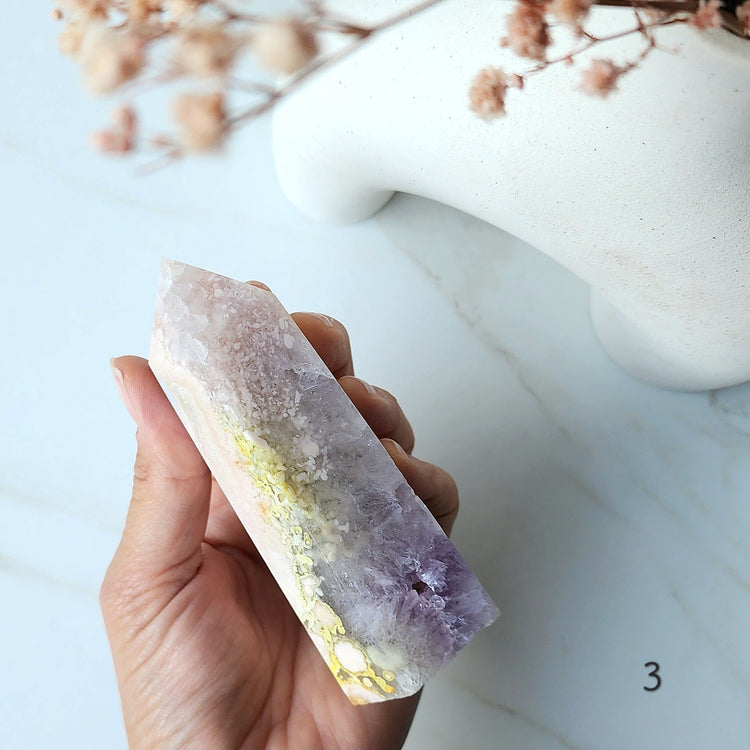Rare Pink Amethyst Crystal with Cherry Blossom Flower Agate Obelisk Tower