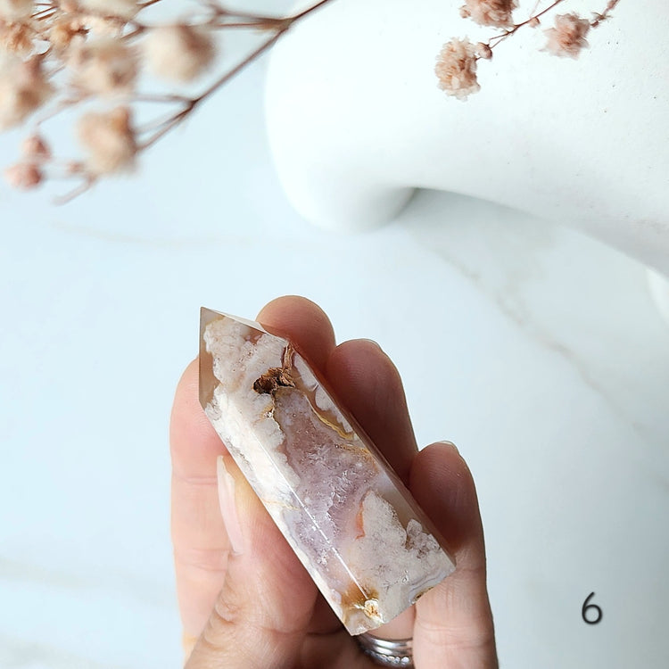 Rare Pink Amethyst Crystal with Cherry Blossom Flower Agate Obelisk Tower