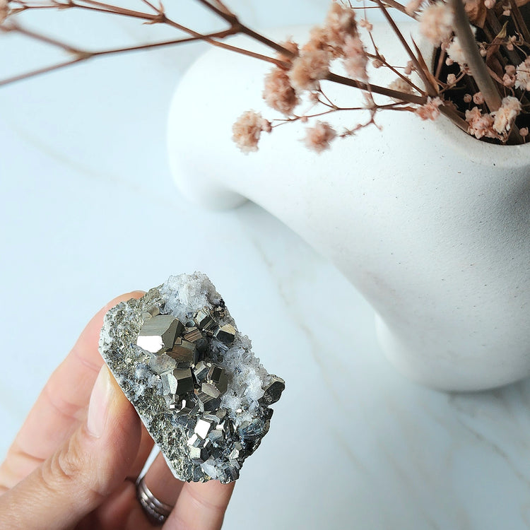 Pyrite Crystal Cubes in Quartz Cluster