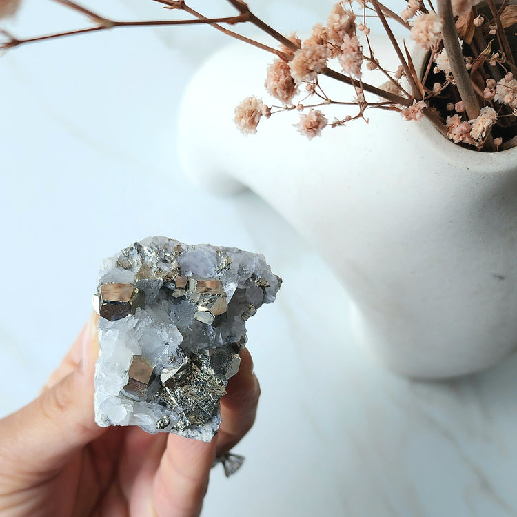 Pyrite Crystal Cubes in Quartz Cluster