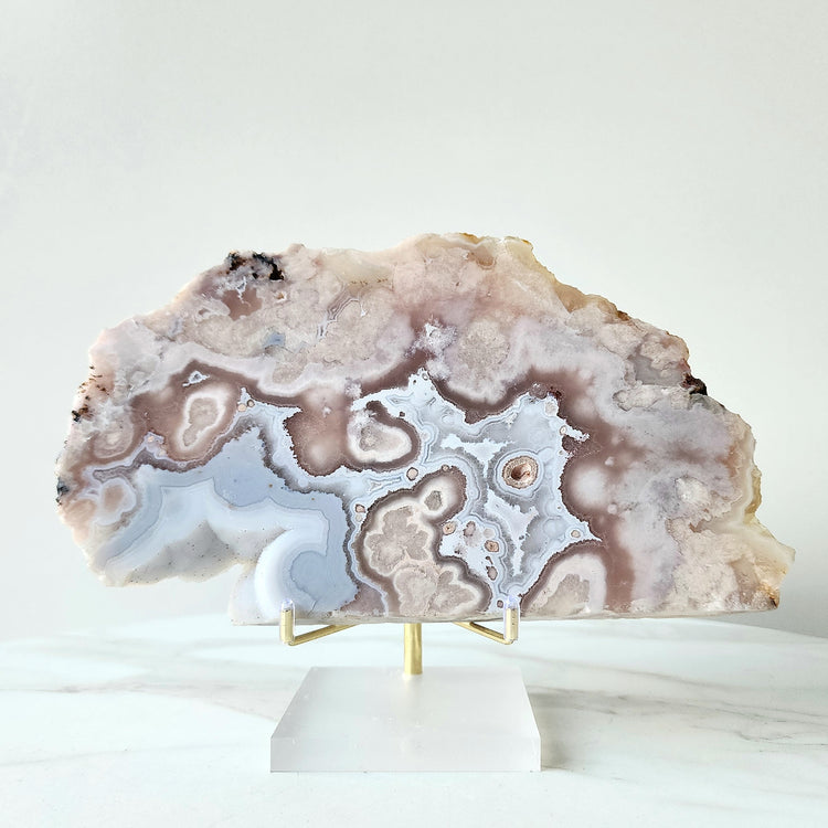 Rare Pink Amethyst Crystal with Cherry Blossom Flower Agate Slab Slice with stand