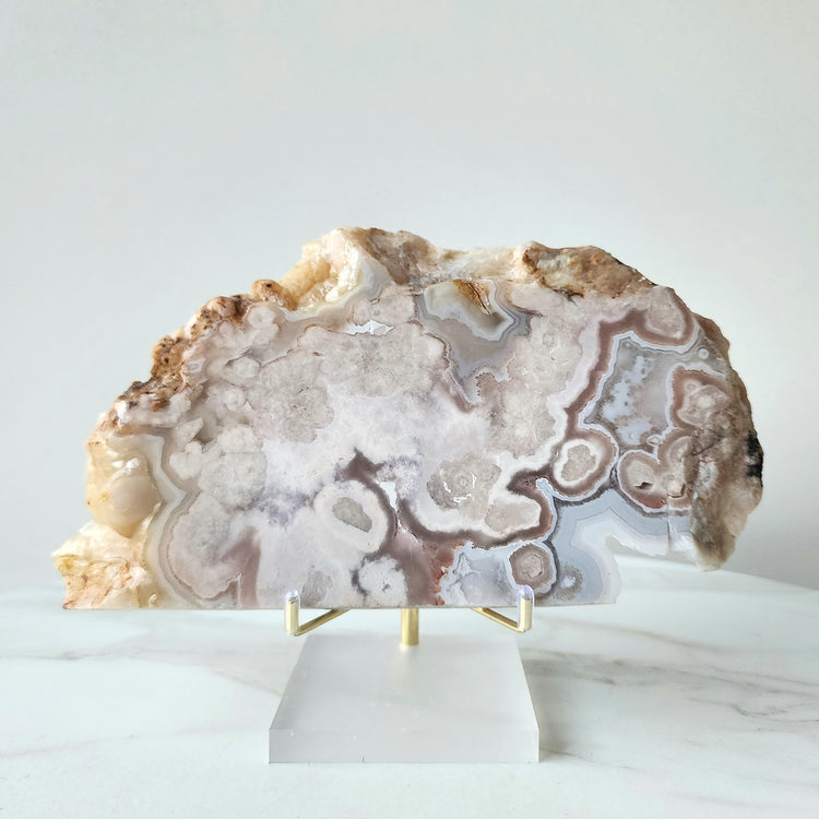 Rare Pink Amethyst Crystal with Cherry Blossom Flower Agate Slab Slice with stand