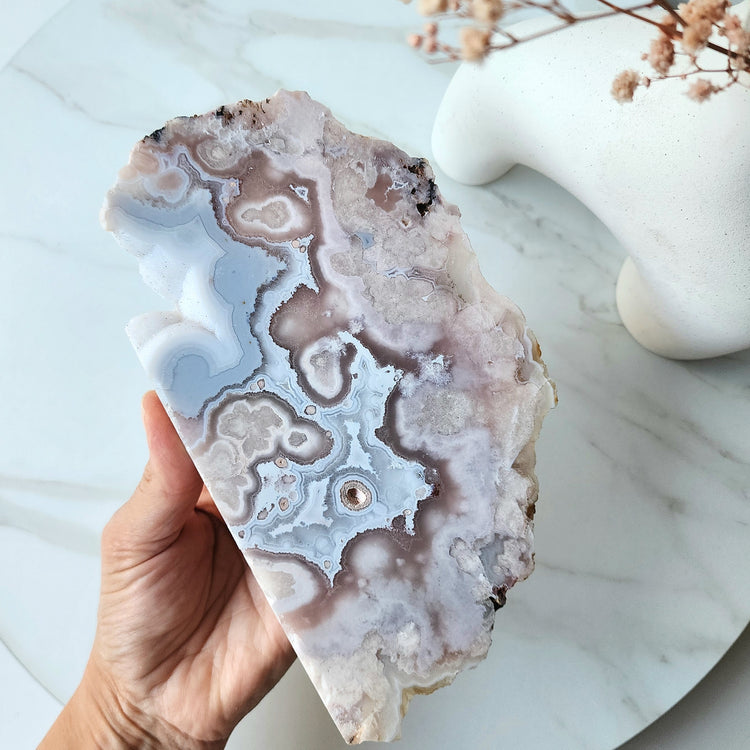 Rare Pink Amethyst Crystal with Cherry Blossom Flower Agate Slab Slice with stand