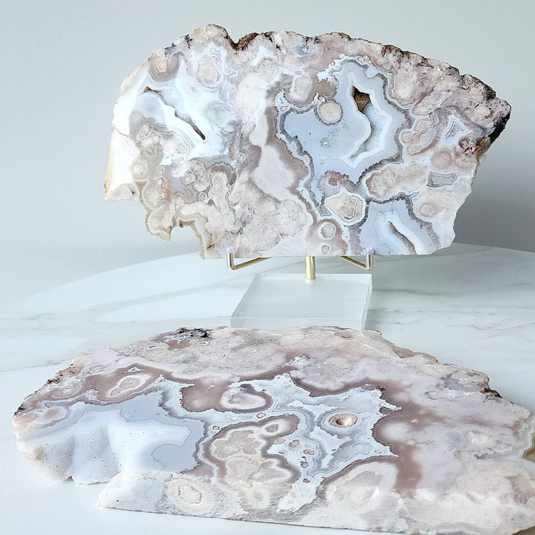 Rare Pink Amethyst Crystal with Cherry Blossom Flower Agate Slab Slice with stand