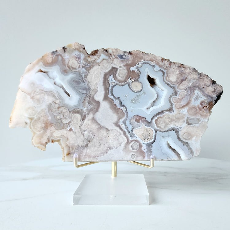 Rare Pink Amethyst Crystal with Cherry Blossom Flower Agate Slab Slice with stand