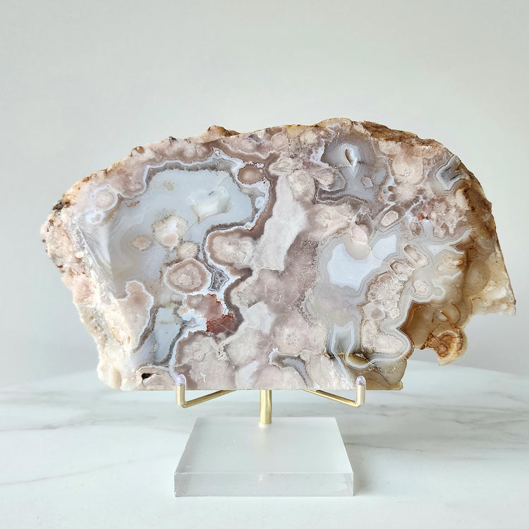 Rare Pink Amethyst Crystal with Cherry Blossom Flower Agate Slab Slice with stand