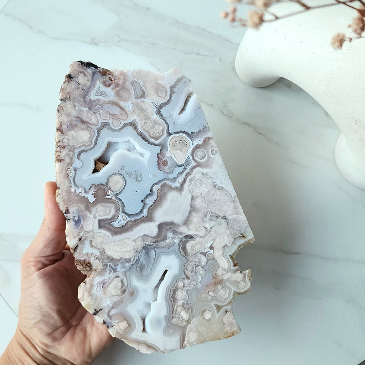 Rare Pink Amethyst Crystal with Cherry Blossom Flower Agate Slab Slice with stand