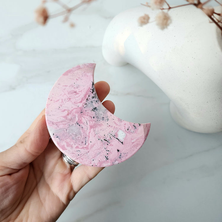 Rhodonite Crystal Moon with stand AAA