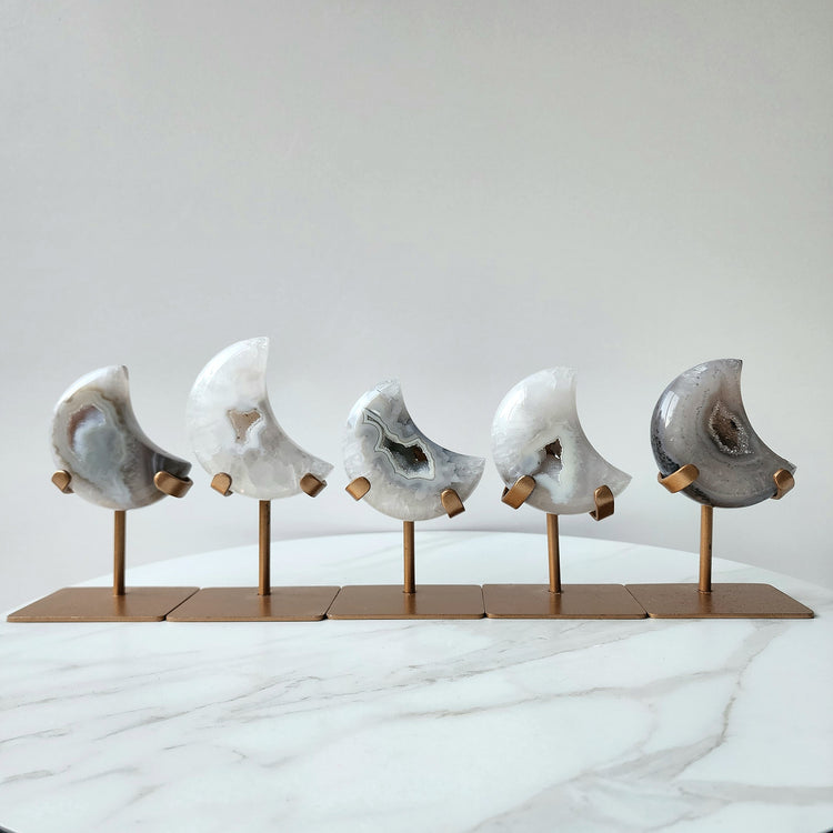 Agate Crystal Druzy Carved Moon with stand AAA XS