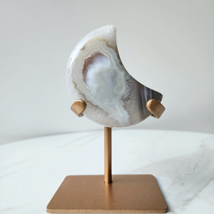 Agate Crystal Druzy Carved Moon with stand AAA XS