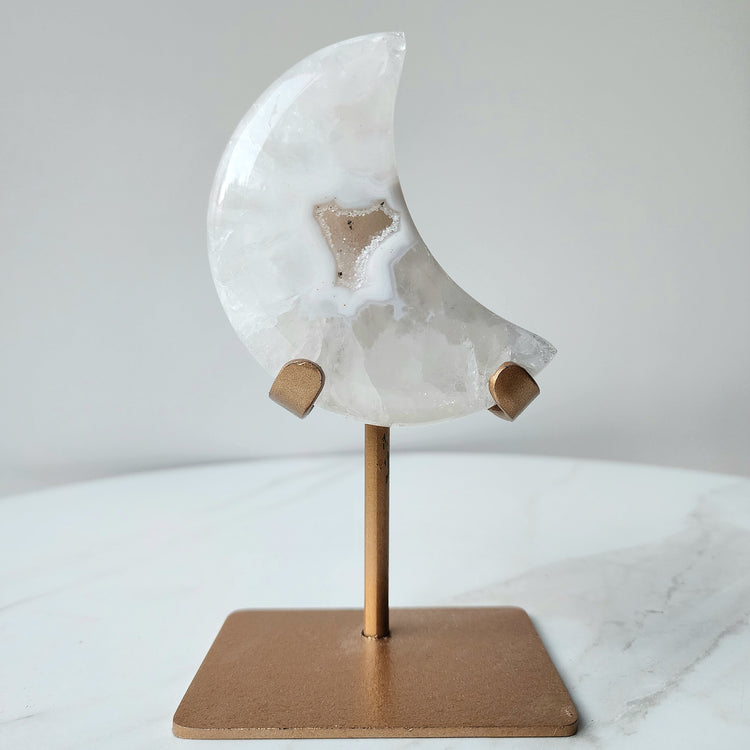 Agate Crystal Druzy Carved Moon with stand AAA XS