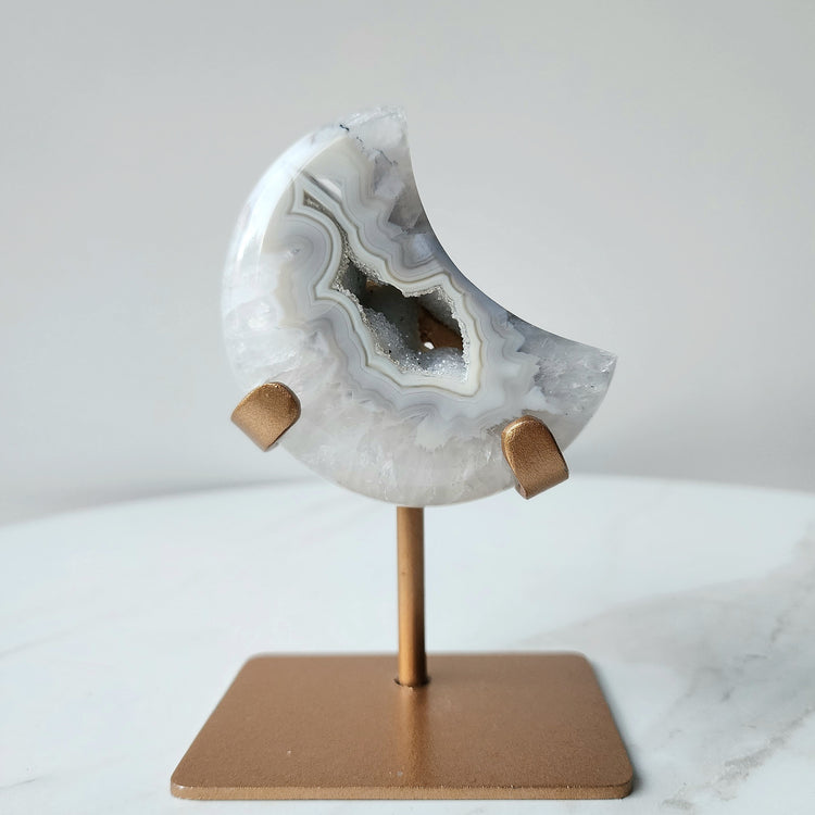 Agate Crystal Druzy Carved Moon with stand AAA XS