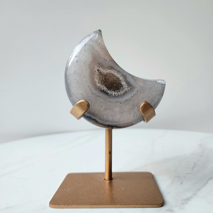 Agate Crystal Druzy Carved Moon with stand AAA XS