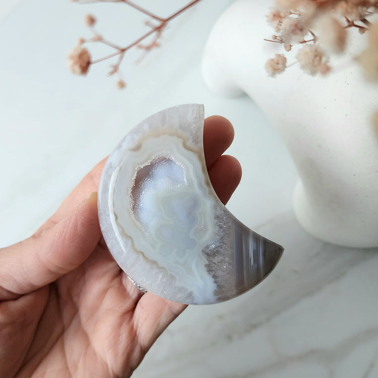 Agate Crystal Druzy Carved Moon with stand AAA XS