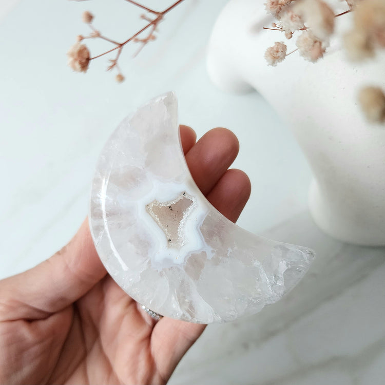 Agate Crystal Druzy Carved Moon with stand AAA XS