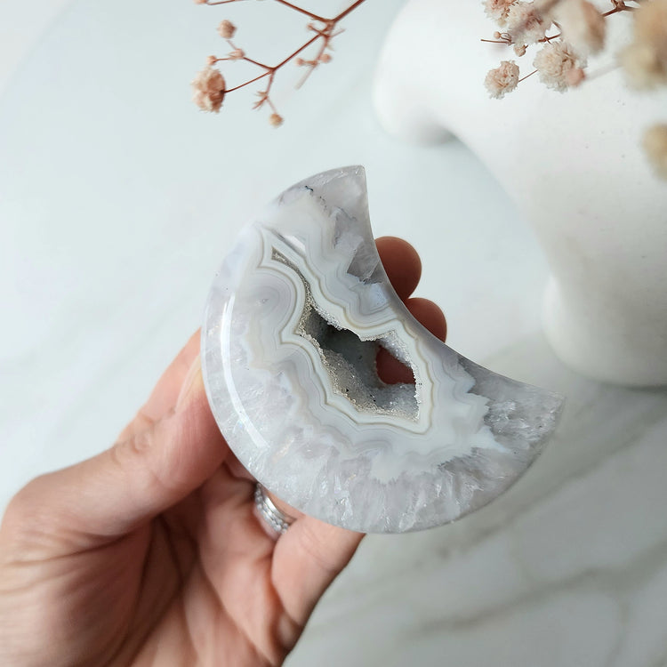 Agate Crystal Druzy Carved Moon with stand AAA XS