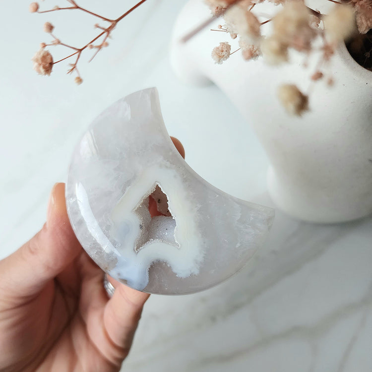 Agate Crystal Druzy Carved Moon with stand AAA XS