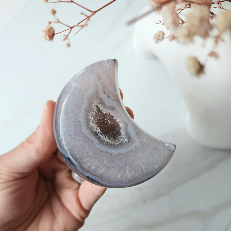 Agate Crystal Druzy Carved Moon with stand AAA XS