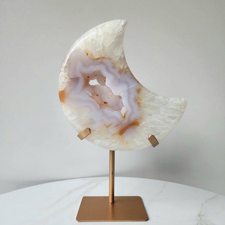 Agate Crystal Druzy Carved Moon with stand X Large AAA