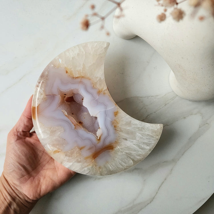 Agate Crystal Druzy Carved Moon with stand X Large AAA