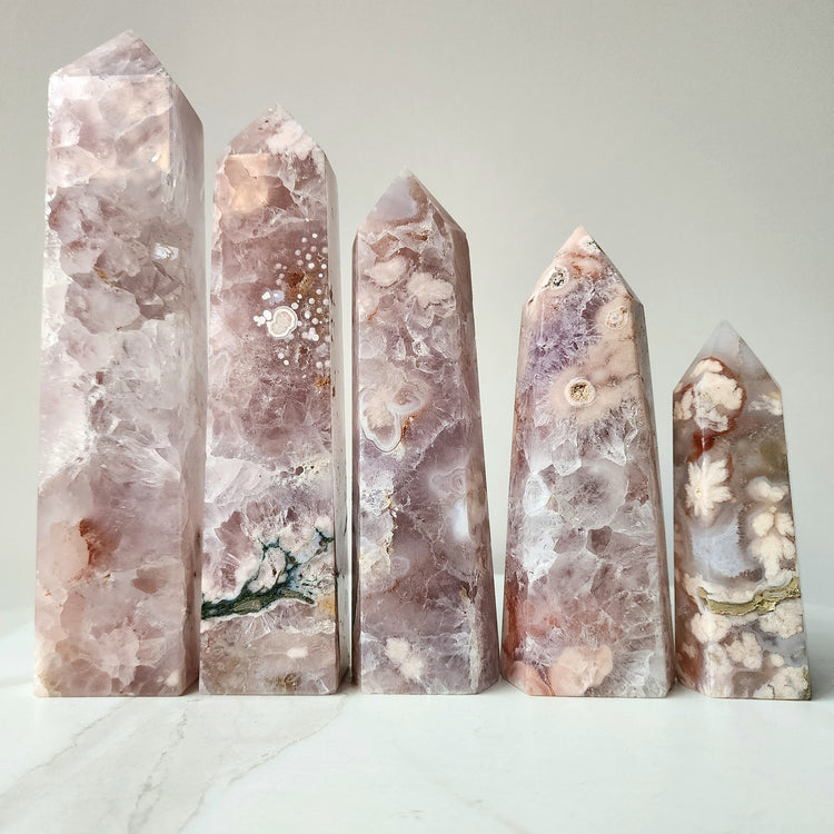 Rare Pink Amethyst Crystal with Cherry Blossom Flower Agate Obelisk Tower
