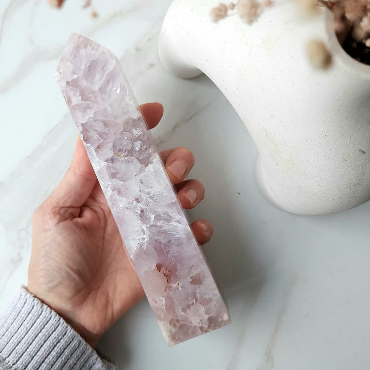 Rare Pink Amethyst Crystal with Cherry Blossom Flower Agate Obelisk Tower