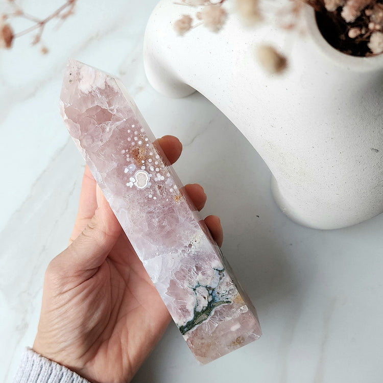 Rare Pink Amethyst Crystal with Cherry Blossom Flower Agate Obelisk Tower