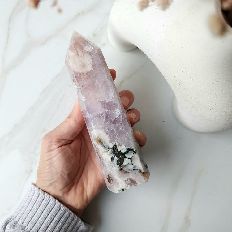 Rare Pink Amethyst Crystal with Cherry Blossom Flower Agate Obelisk Tower