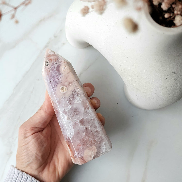 Rare Pink Amethyst Crystal with Cherry Blossom Flower Agate Obelisk Tower