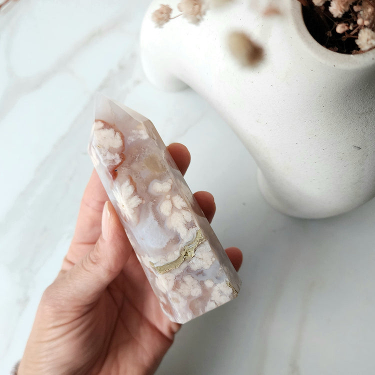 Rare Pink Amethyst Crystal with Cherry Blossom Flower Agate Obelisk Tower