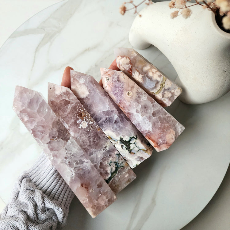 Rare Pink Amethyst Crystal with Cherry Blossom Flower Agate Obelisk Tower