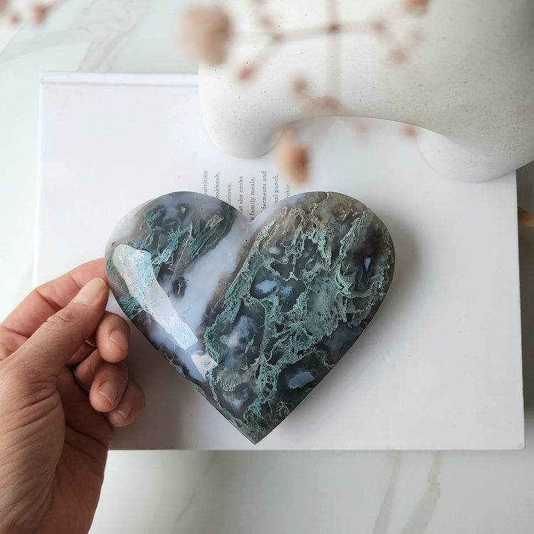 Moss Agate Crystal Heart AAA on stand XL