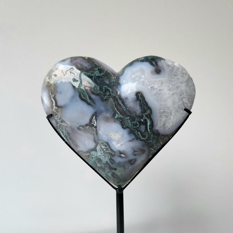 Moss Agate Crystal Heart AAA on stand XL